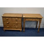 A MODERN PINE CHEST OF TWO SHORT OVER THREE LONG DRAWERS, on baluster legs, width 86cm x depth