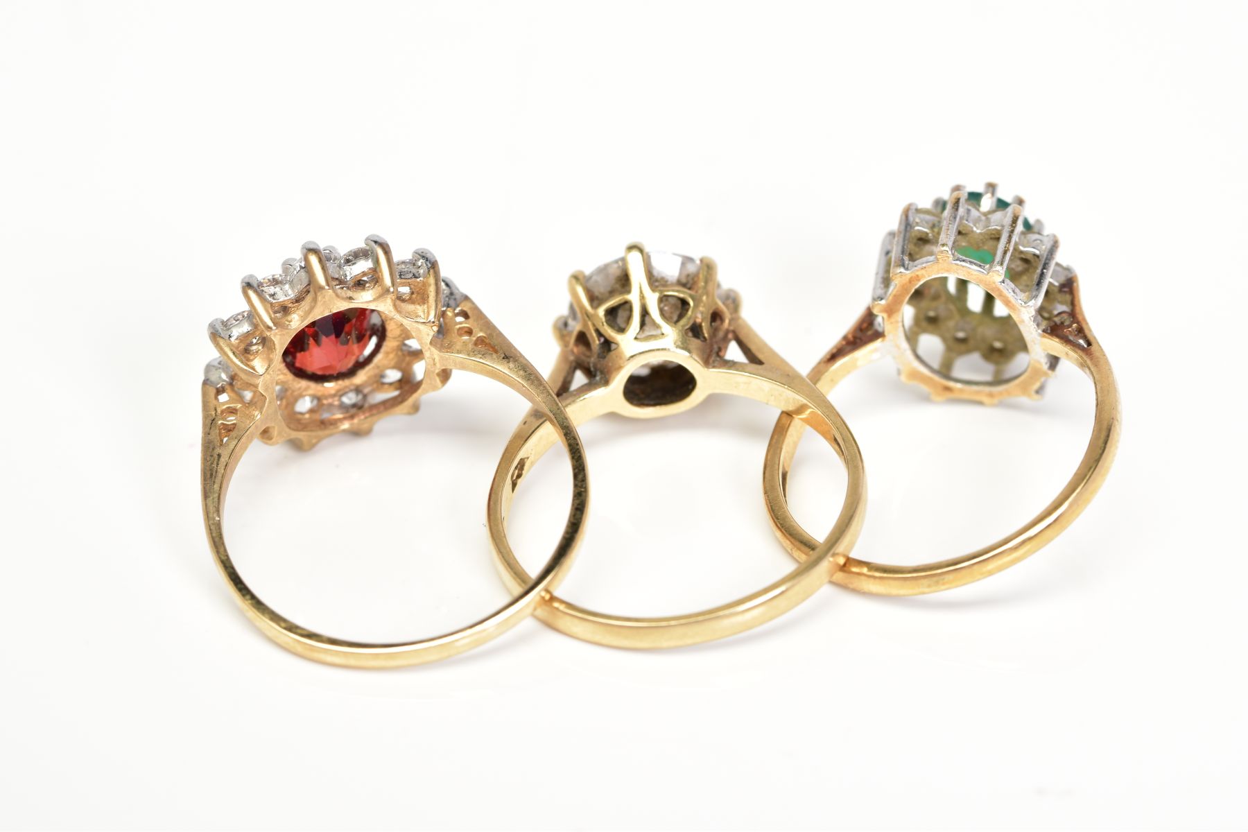 THREE 9CT GOLD GEM SET RINGS, the first designed as a cluster set with a central oval cut green - Image 3 of 3