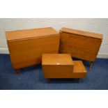 A MID 20TH CENTURY TEAK STEPPED SEWING BOX, with two drawers, together with two various teak gate