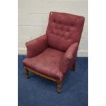 A LATE VICTORIAN MAHOGANY PURPLE UPHOLSTERED ARMCHAIR together with a set of four Edwardian mahogany