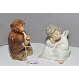 A BESWICK CHIMPANZEE WITH PIPE, No 1049, together with a Lladro 'Angel Thinking' No 4539 designed by