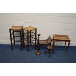 AN EARLY 20TH CENTURY CANE SEATED U SHAPED STOOL, together with another cane seated stool on