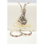 TWO SILVER CLOGAU JEWELLERY ITEMS, a pair of hoop earrings with rose gold detail, measuring