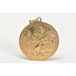 A 9CT GOLD ST. CHRISTOPHER PENDANT, of circular design depicting St. Christopher, with an