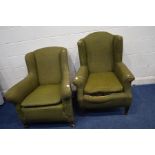 A 19TH CENTURY ARMCHAIR on turned front legs with brass casters together with amatching