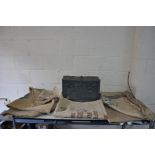 A VINTAGE AMMUNITION BOX, width 470cm x depth 24cm x height 31cm and five hessian coffee bags (6)