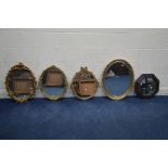 FIVE VARIOUS WALL MIRRORS, to include a foliate gilt on metal oval wall mirror, two gilt on resin