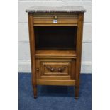 A FRENCH STYLE WALNUT POT CUPBOARD with a veined brown marble top, frieze drawer over open shelf and