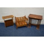 A BRADLEY YEWWOOD NEST OF FOUR TABLES, together with a Canterbury with a single drawer and a