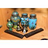SIX PIECES OF CLOISONNE, including two pairs of vases and a vase and cover, tallest 24cm, some