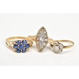 THREE 9CT GOLD RINGS, the first a cluster ring set with oval cut sapphires and colourless topaz,