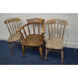 A LATE 19TH CENTURY ELM AND BEECH SMOKERS CHAIR, together with two beech kitchen chairs (3)