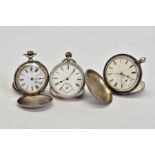 TWO SILVER POCKET WATCHES AND ONE OTHER to include a full hunter with a white enamel dial, Roman