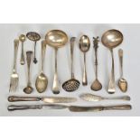 A PARCEL OF ASSORTED FLATWARE AND CUTLERY, including twop George III Old English pattern sauce