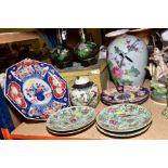 A BOXED PAIR OF MID 20TH CENTURY CLOISONNE VASES ON STANDS AND ASSORTED ORIENTAL PORCELAIN,