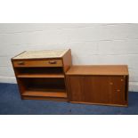 A 20TH CENTURY TEAK TILE TOP CABINET with a single drawer, width 85cm x depth 45cm x height 75cm