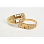 TWO 9CT GOLD SIGNET RINGS, the first designed with a floral panel set with a single cut diamonds, to