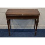 A GEORGE IV ROSEWOOD AND BRASS INLAIND FOLD OVER CARD TABLE, having canted front corners, green