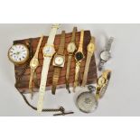 A WOODEN BOX WITH CONTENTS, to include eight ladies wristwatches with names such as Sekonda,