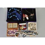 A SELECTION OF ITEMS, to include various beaded costume necklaces two complete with boxes, three