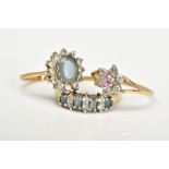 THREE 9CT GOLD GEM SET RINGS, the first designed as a cluster set with a central oval cut aquamarine