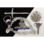 A SMALL SELECTION OF WHITE METAL ITEMS, to include a silver gate bracelet with heart clasp, with a