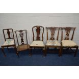 A PAIR OF GEORGIAN WALNUT HEPPLEWHITE STYLE DINING CHAIRS (sd) together with a walnut splat bck