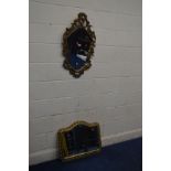 A MODERN FOLIATE GILTWOOD FRAMED BEVELLED EDGE WALL MIRROR width 47cm x height 81cm and another