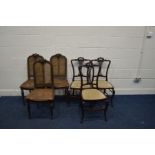 A SET OF THREE FRENCH BEECH CANE SEATED CHAIRS (sd) together with three Edwardian lyre back