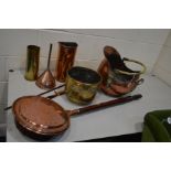 A COPPER COAL SCUTTLE with a brass handle, together with a copper warming pan, copper funnel,