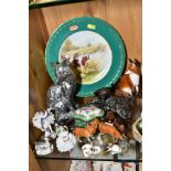A GROUP OF CERAMICS, METALWARE, RESIN ANIMAL FIGURES ETC, including a Royal Doulton seated dog