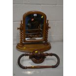 A SMALL VICTORIAN TOILET MIRROR with bobbin turned uprights and a demi lune base also an Edwardian