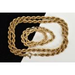 A 9CT GOLD ROPE TWIST NECKLACE AND BRACELET, the hollow rope twist necklace to a spring clasp with a