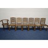 A BENTWOOD SMOKERS ARMCHAIR, together with six oak ladder back chairs (7)