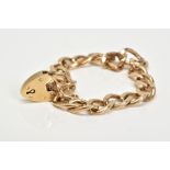 A 9CT GOLD CHARM BRACELET, of curb link design with each link stamped 3.975, to a heart clasp with a