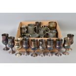 A BOX OF SILVER PLATE AND PEWTER, including tankards, goblets, etc
