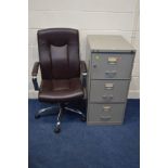 A METAL THREE DRAWER FILING CABINET (key) together with an office swivel chair (2)
