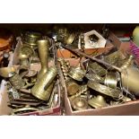 FOUR BOXES OF BRASS WARES, to include candlesticks, lamp bases, trivets, jugs, bells, teapot, log