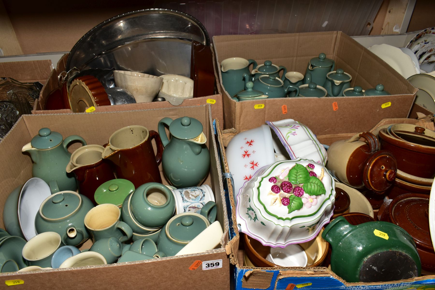 FOUR BOXES OF DENBY AND STONEWARE, including jelly moulds, flan dishes, brown casseroles, Price