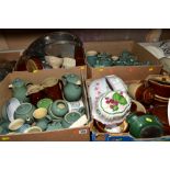FOUR BOXES OF DENBY AND STONEWARE, including jelly moulds, flan dishes, brown casseroles, Price