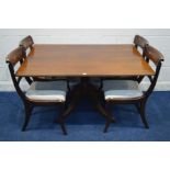 A GEORGIAN MAOGANY RECTANGULAR TOPPED BREAKFAST TABLE, on a pedestal base with brass caps and