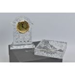 A BOXED WATERFORD CRYSTAL 'GOLD FACED CARRIAGE CLOCK', stamped to base, height 18cm (slight chips to