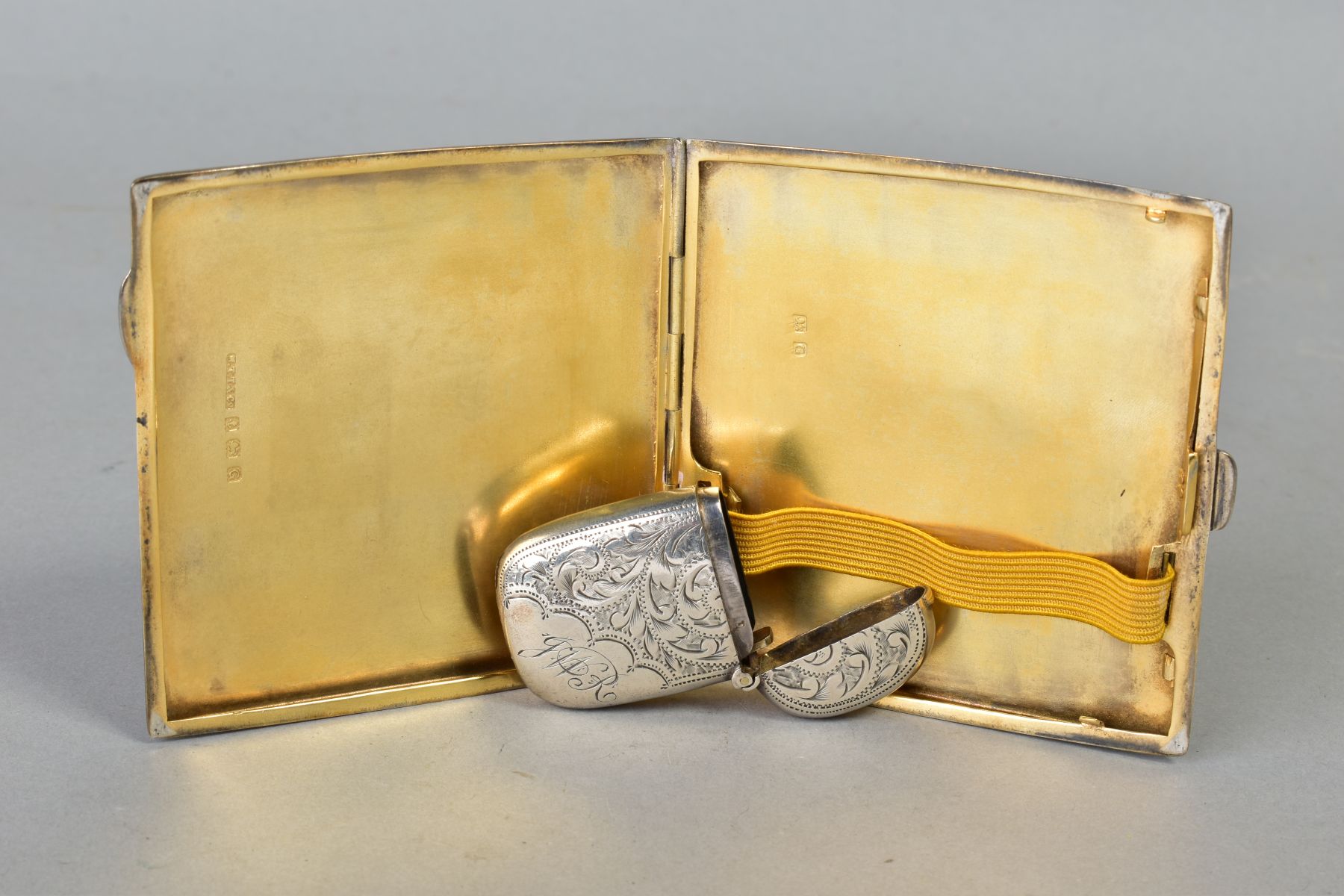 A GEORGE V SILVER CIGARETTE OF SQUARE FORM, engine turned and sunburst design, gilt interior, - Image 2 of 3