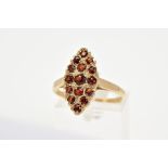 A 9CT GOLD GARNET RING, of lozenge set with fifteen circular cut garnets, to the plain polished