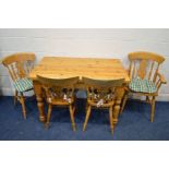 A MODERN PINE KITCHEN TABLE, length 122cm x depth 78cm x height 78cm and four beech chairs including