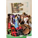 A BOX OF DIE CAST VEHICLES, MODERN RESIN LADY FIGURES, horses and carts, a copper and brass bugle
