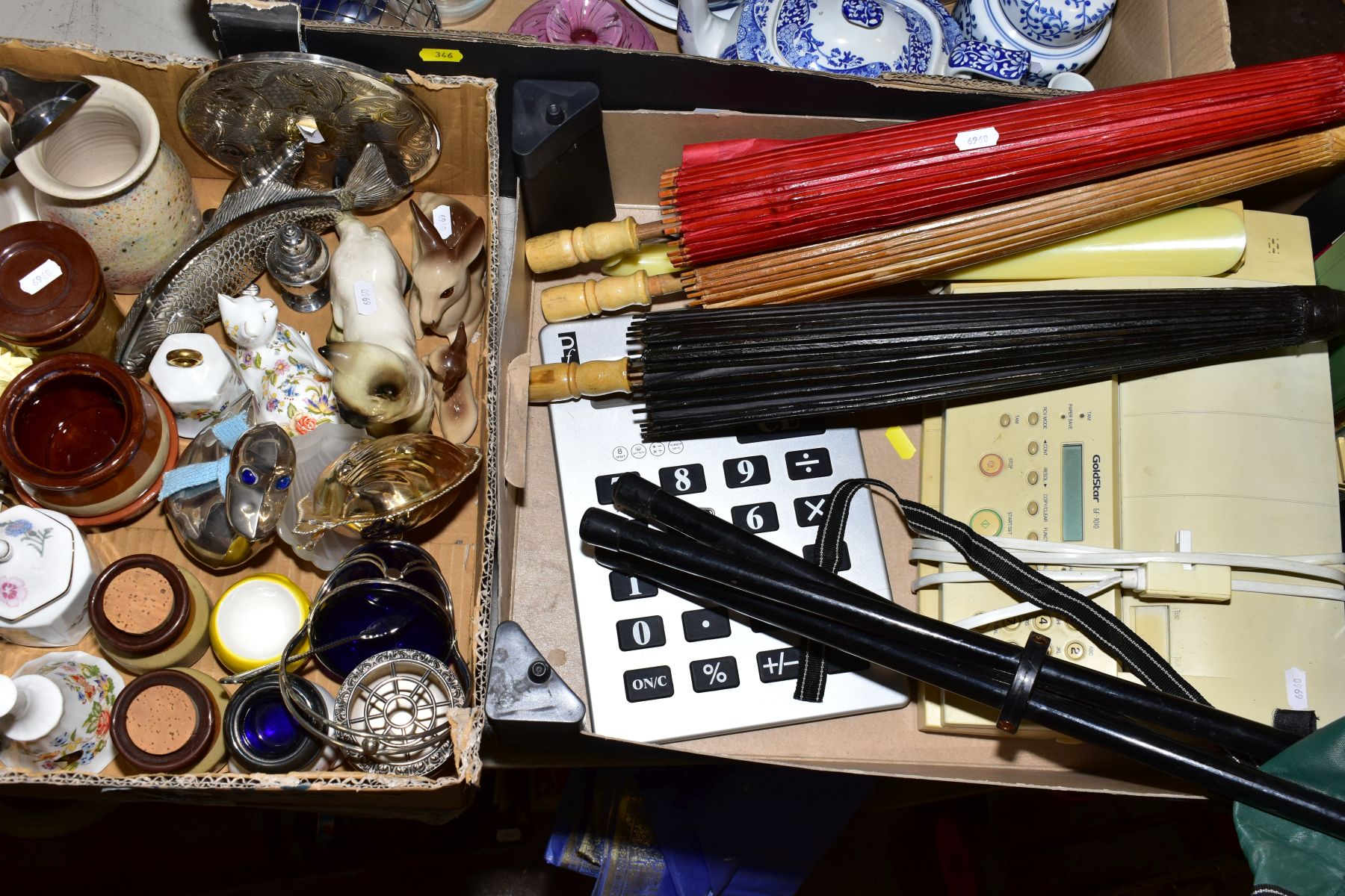 3 BOXES OF CERAMICS, GLASS AND MISCELLANEOUS ITEMS, including blue and white ginger jars, Spode