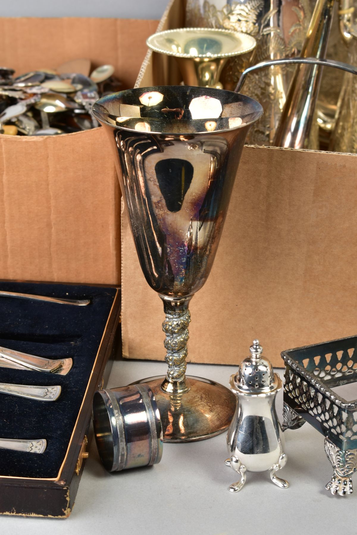 TWO BOXES OF SILVER PLATE, STAINLES STEEL ETC, including souvenir spoons, a small silver handled - Image 2 of 7