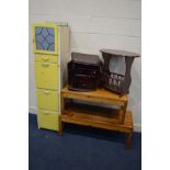 A TALL SLIM YELLOW PAINTED KITCHEN CABINET, together with two pitch pine coffee tables and two