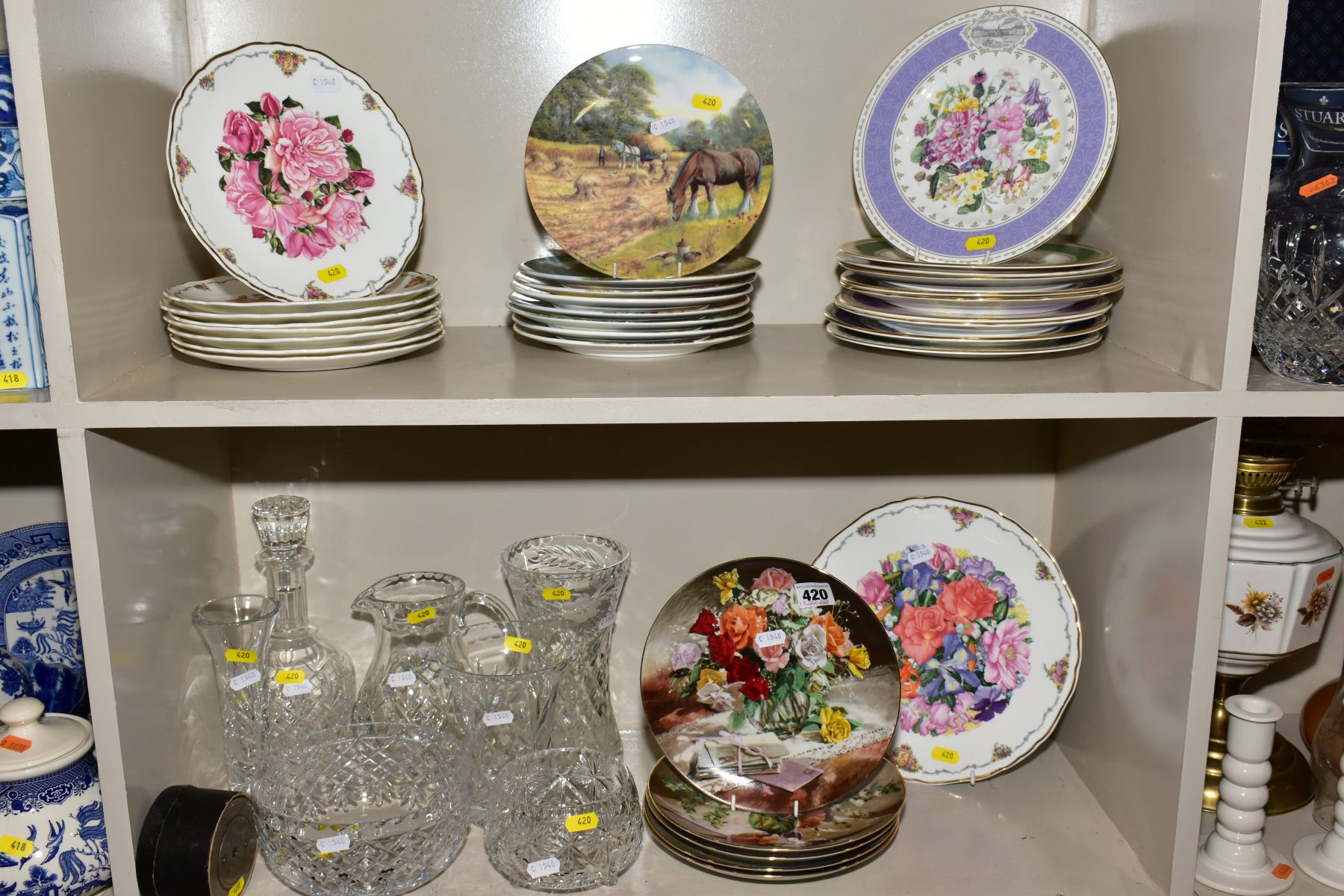 A QUANTITY OF COLLECTORS PLATES, CUT GLASS AND A BOXED MIDLAND BANK SAVINGS BANK OF DRUM SHAPE,